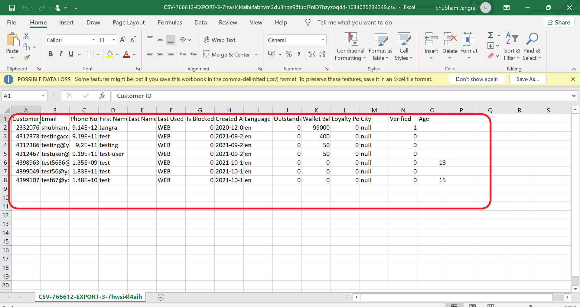 Bulk Export Customer Details