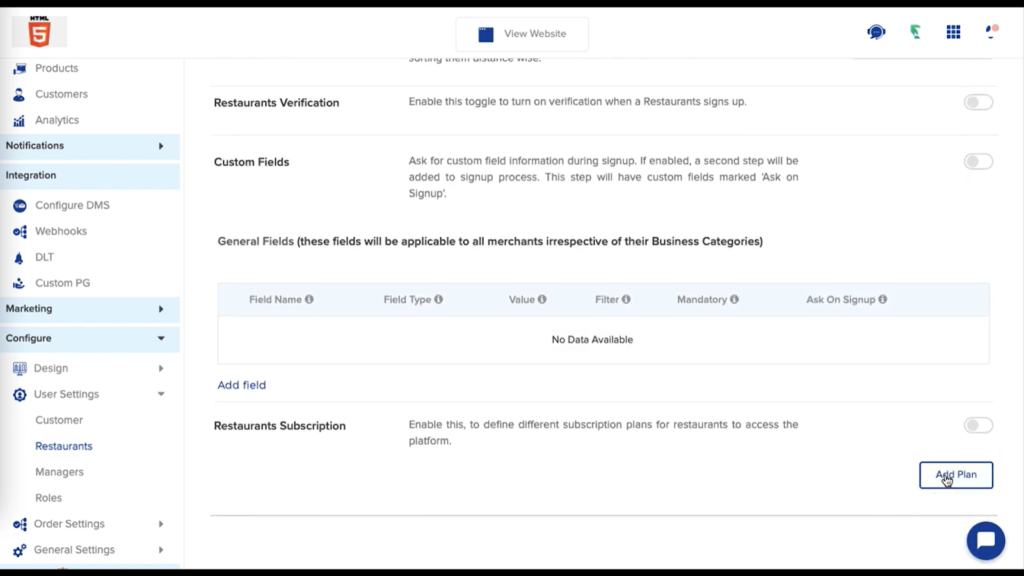 The video showed how default plans work, not how they can be configured. I’m not really sure in case this is possible, so please check the content before uploading. How to set default plan for new subscription In order to manage multiple merchants and multiple subscription plans, the admin might sometimes make an oversight and apply a wrong plan to a merchant. In order to relieve this hassle, we have the default plans. In case a merchant does not opt for any merchant subscription plan they will be assigned to this plan. Learn more on how it works Log in to the Yelo Admin dashboard, where your monthly sales, revenue, and orders can be viewed. On the left side of the platform, Click on the Configure module and choose IUser Settings >> Restaurants. Under this section you can choose to configure your Merchants’ subscription plans. Click on the toggle to enable or Add plans if none exist already. Now in case a merchant does not opt for either plan and chooses to skip. They are automatically assigned the default plan