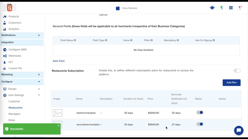 The video showed how default plans work, not how they can be configured. I’m not really sure in case this is possible, so please check the content before uploading. How to set default plan for new subscription In order to manage multiple merchants and multiple subscription plans, the admin might sometimes make an oversight and apply a wrong plan to a merchant. In order to relieve this hassle, we have the default plans. In case a merchant does not opt for any merchant subscription plan they will be assigned to this plan. Learn more on how it works Log in to the Yelo Admin dashboard, where your monthly sales, revenue, and orders can be viewed. On the left side of the platform, Click on the Configure module and choose IUser Settings >> Restaurants. Under this section you can choose to configure your Merchants’ subscription plans. Click on the toggle to enable or Add plans if none exist already. Now in case a merchant does not opt for either plan and chooses to skip. They are automatically assigned the default plan