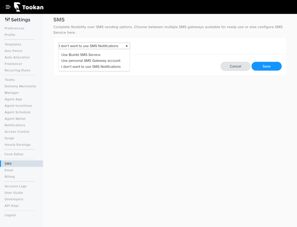 SMS gateway integration for tookan