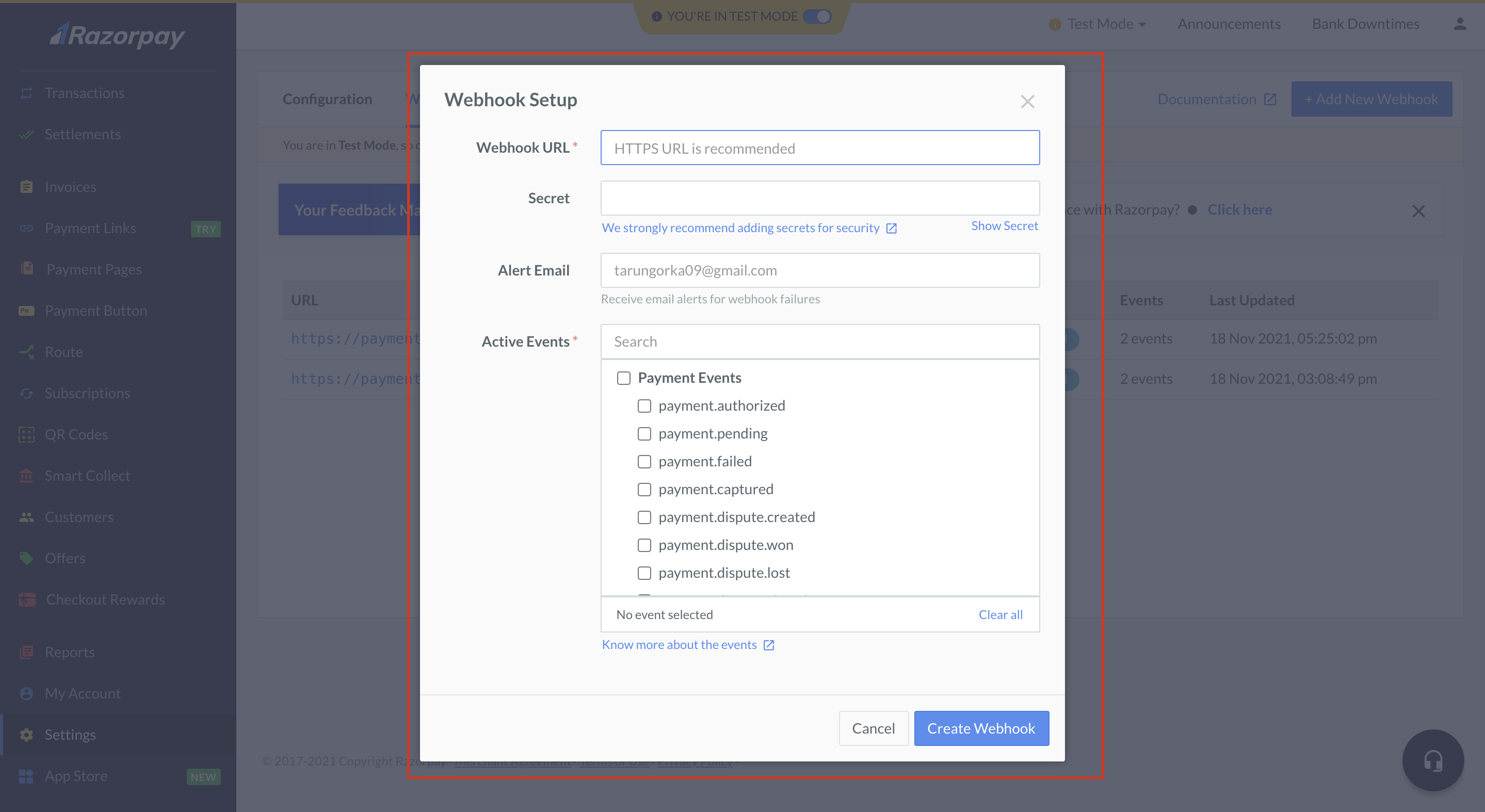 Razorpay UPI webhook setup