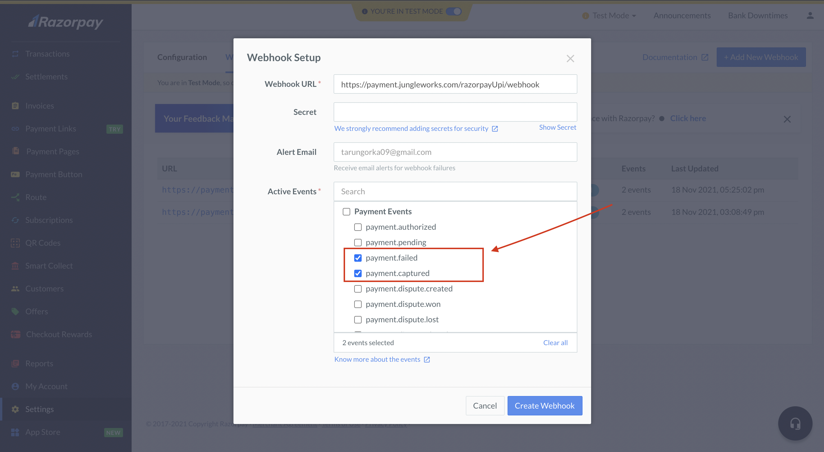 Razorpay UPI webhook setup