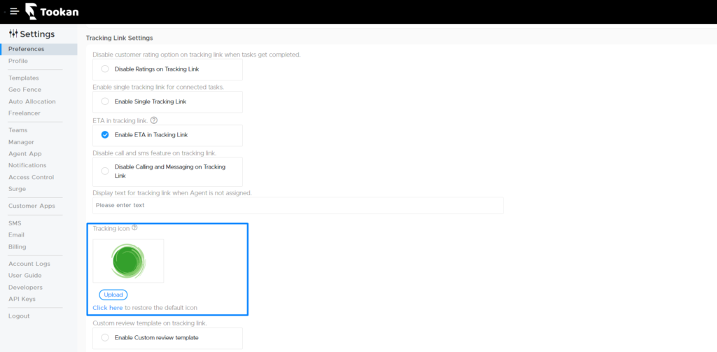 Tracking link icon on Tookan