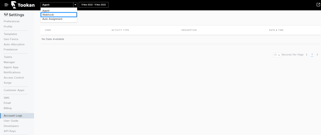 Search Webhook logs by Task ID on Tookan 