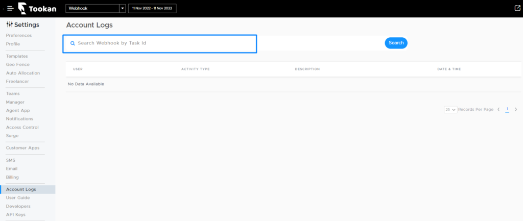 Search Webhook logs by Task ID on Tookan 